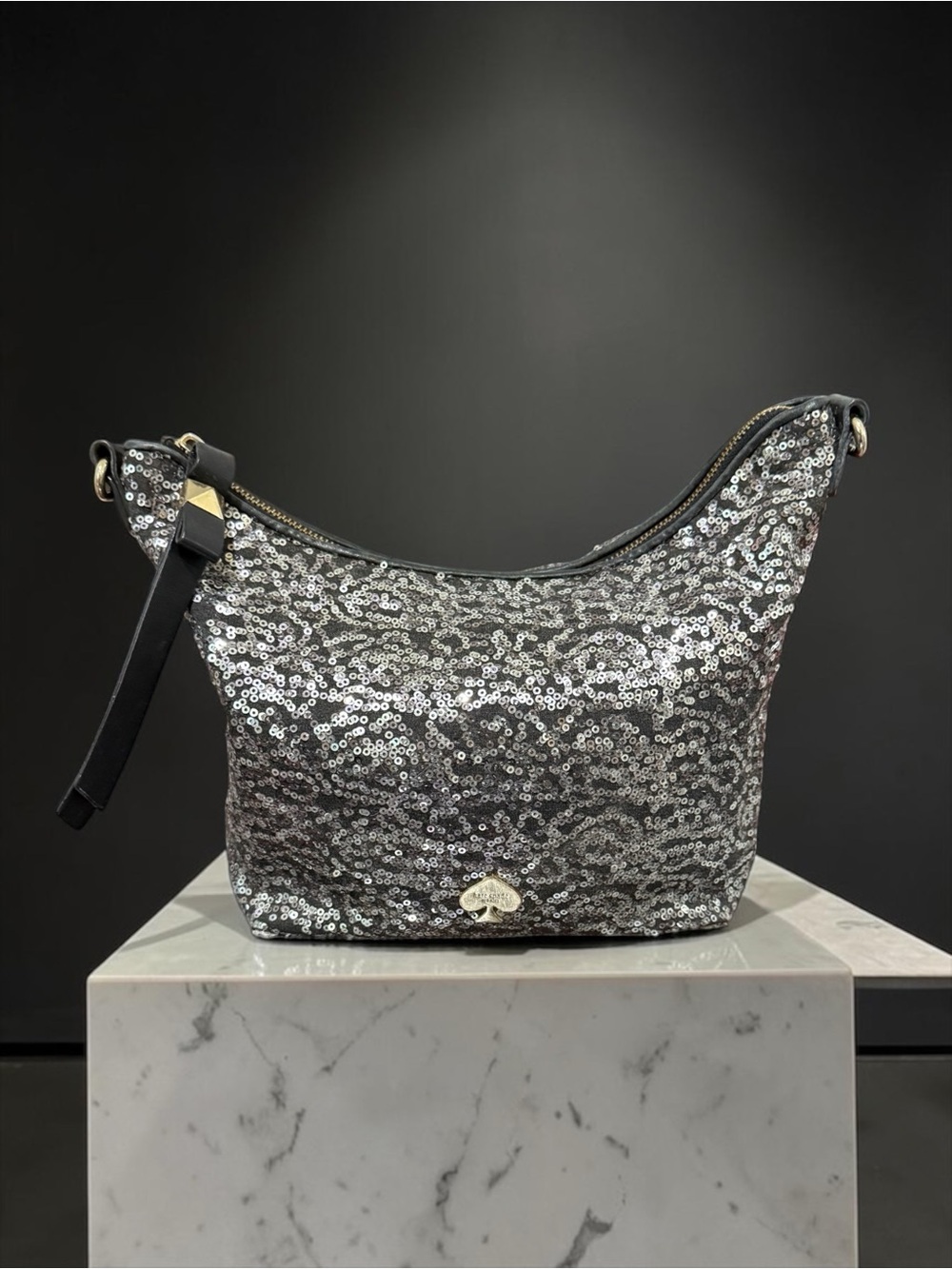 Kate Spade New York Silver Sequin Shoulder Crossbody Leather Trim